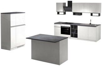 Dmora Vollständige Küche Balme, Set mit Speisekammer, Küchenzeile Schrank, Blockbausatz mit Insel und Kühlschrankträger, 100 % Made in Italy, glänzendes Weiß und Schiefer