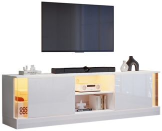 BlingBin TV-Schrank Hochglanz Bodenstehender TV-Ständer, Fernsehtisch Lowboard TV-Tisch (TV-Aufbewahrungsschrank mit 16 Farben LED-Lichtstreifen, 2 Tür und 2 Offenes Fach, 1-St, Gesamtgröße: 176 x 38 x 50 cm, Tragfähig: 30KG) TV-Wohnzimmermöbel für Fer...
