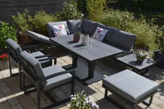 HPL Gartenecklounge Beltona grau + 150x90 cm Lift Tisch höhenverstellbar + 2 Lounge Sessel + 1 Hocker