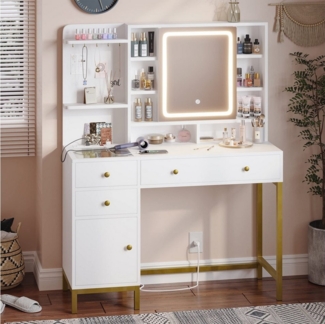 MSMASK Schminktisch mit LED-Beleuchtung (3 Farben), Spiegel und Ladestation (1-St), mit 6 Fächern, 4 Schubladen und 1 Schrank, praktisch und dekorativ