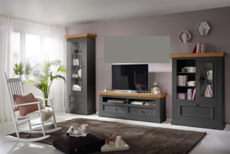 Wohnwand >WZ-0133< (3-teilig) Massivholz grau / eichefarbig - 360 x 214 x 42 (BxHxT)