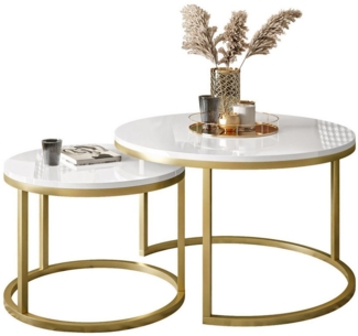 Lookway Couchtisch CIRI 2in1 Hochglanz mit Gold Matt Gestell, Runder Tisch (2er Set), Durchmesser: ⌀70 cm & ⌀50 cm und Durchmesser: ⌀80 cm & ⌀60 cm