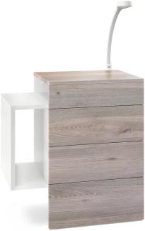 Vladon Nachttisch Queens, Nachttischschrank mit 2 Schubladen und 1 seitlichem Fach zur Wandmontage, Weiß matt/Eiche Nordic, inkl. LED Flexi Lampe weiß (60 x 63 x 36 cm)