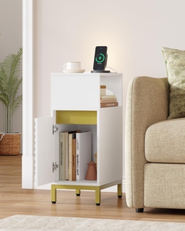 Nachttisch 2er Set, Schmal Beistelltisch mit LED-Beleuchtung, 1 USB-A-Anschluss, 1 USB-C-Anschluss, Nachttische mit Seitliches offenes Fach, fr Schlafzimmer, Wohnzimmer, Wei?-Gold