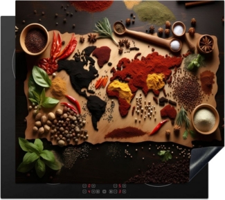 MuchoWow Herd-Abdeckplatte Kräuter - Gewürze - Weltkarte - Braun - Löffel - Farbenfroh, Vinyl, (1 tlg), Küche Herdabdeckung Ceranfeld Induktionsfeld Vinyl, 65x50 cm