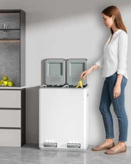 Mülleimer Küche, Mülltrennsystem 2 Fächer 60L (2 x 30 L), Edelstahl-küchenmülleimer, Tretmülleimer, Abfalleimer Ruhiger Langsamer Abstieg, mit 15 exklusiven Abfallbeuteln, Weiß