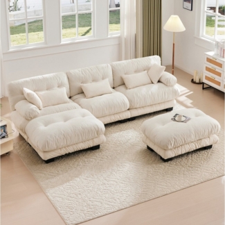 KLAM HOME Sofa Ecksofa Loungesofa 5-Sitzer-Sofa mit 2 Beweglicher Hocker,Velours, Modulares Sofa für Wohnzimmer, Apartments und moderne Haushalte