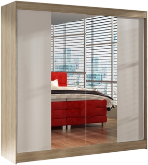 Schwebetürenschrank Basti II 200 cm mit Spiegel - Kleiderschrank, Schiebetürenschrank mit Kleiderstange und Einlegeboden, Schlafzimmerschrank, Schiebetüren, 200x215x58 cm (Sonoma/Weiß)