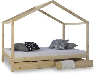 Kinderbett Hausbett 90x200 cm Matratze Kinderhaus Spielbett Holzbett Natur Bettkasten