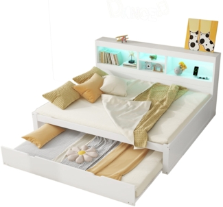 Massivholzbett mit Gästebett, 140x200 cm, Doppelbett mit LED-Beleuchtung, Mehrfachsteckdose und Lattenrost, Jugendbett