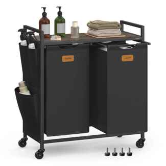 VASAGLE Wäschekorb, Wäschesammler, Wäschesortierer, Rollen, Wäschewagen mit Ablage, kleine seitliche Taschen, 6 Etiketten, 2 Fächer, 100 L, tintenschwarz-aschbraun
