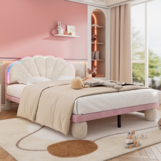 Polsterbett 140x200 Kinderbett mit LED Lichtstreifen Kopfteil Samt Beige Rosa Holzlatten Jugendbett Design Bett