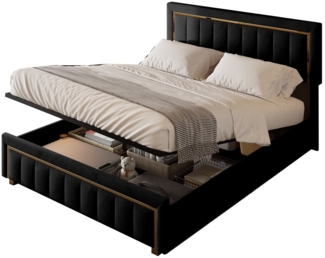 FUROKOY Stauraumbett Doppelbett Polsterbett mit Lattenrost und hydraulischen Stützen, 140x200 cm,Mit Stauraum,mit Lattenrost,Samtmaterial,Schwarz
