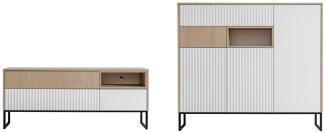 Wohnzimmer-Set Wohnwand Zoe 2-teilig Herringbone Skandi weiß MDF grifflos