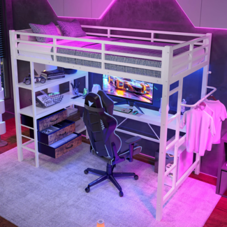 Hochbett mit Schreibtisch und LED-Beleuchtung, 90x200 cm, Schubladen, Kleiderstange, Mehrfachsteckdose und Rausfallschutz, Metallbett, Jugendbett