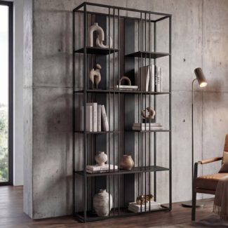 Regal HWC-P12, Bücherschrank Hochschrank, Industrial Metall Melamin MVG-zertifiziert 180 x 80 x 31 cm ~ schwarz, schwarz