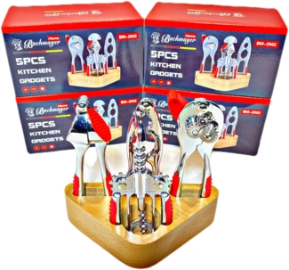 5 tlg Set Ständer Drehbar Dosenöffner Knoblauchpresse Nussknacker Dosenöffner Rot