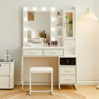 Ofcasa Schminktisch 100x40x150cm Frisiertisch (2 Pakete), 5 Schubladen, mit Ladestation, Inkl. LED-Leuchte