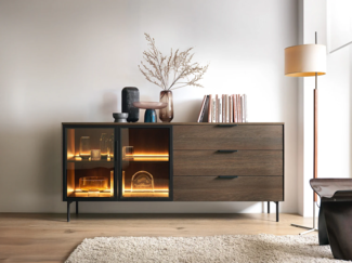 Vente-unique - Sideboard mit 2 Türen und 3 Schubladen mit LEDs - Natur und Schwarz - FOGLERI