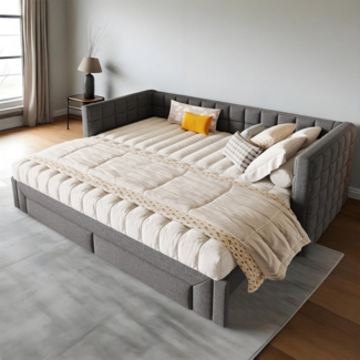 MODFU Daybett Funktionsbett 90x200 cm, 2 Schubladen (Ausziehbares Sofabett mit Quadratischer Rückenlehne, Kinderbett Doppelbett), ohne Matratze