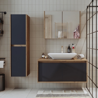 Roomart Badmöbel Set ATLANTIC 4-teilig, In 5 Farben, 100 cm Unterschrank mit Keramikwaschbecken in 4 Farben • Spiegelschrank • Hochschrank