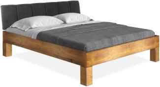 Möbel-Eins CURBY 4-Fuß-Bett mit Polster-Kopfteil, Material Massivholz, rustikale Altholzoptik, Fichte vintage 180 x 220 cm Standardhöhe Stoff Anthrazit mit Steppung