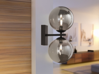 Wandleuchte HONEY mit Schalter, Schwarz - Glaskugeln Rauchglas, Höhe 34cm