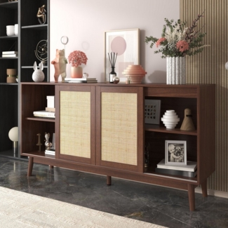 BlingBin Sideboard Kommode (1 St, mit 3 Schiebetüren aus echtem Rattan und 2 Schubladen), 155x38x80 cm, atmungsaktiv, stabil und vielseitig