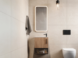 Vente-unique - Hängender Handwaschbecken-Unterschrank mit Nische und weißem Aufsatzbecken – 40 cm – Farbton helles Natur – LOPENA