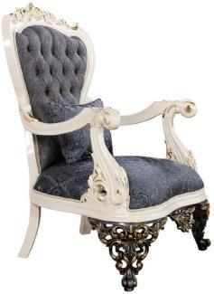 Casa Padrino Luxus Barock Sessel Blau / Weiß / Gold - Prunkvoller Wohnzimmer Sessel mit elegantem Muster - Luxus Wohnzimmer Möbel im Barockstil - Barock Möbel - Barock Einrichtung