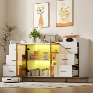 Flieks Kommode mit LED-Beleuchtung, 6 Schubladen und 2 Glastüren (B160/T44/H87 cm, 1 St, Schrank für Wohnzimmer, Schlafzimmer, Esszimmer), Küchenschrank mit verstellbaren Einlegeböden Sideboard weiß