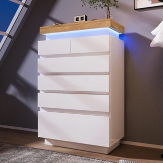 Flieks Kommode mit 6 Schubladen Hochschrank Weiß (für Wohnzimmer und Schlafzimmer, 1 St), Sideboard mit LED-Beleuchtung Mehrzweckschrank Hochglanz, Breite 73 cm