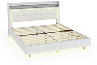 Gotagee Polsterbett Jugendbett LED Doppelbett mit USB-Steckdose Gästebett flaches Bett, Doppelflachbett, Leinenstoff