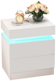 oyajia Nachttisch Hochglanz Nachtschrank mit RGB LED-Beleuchtung, 2 Schubladen (Nachttisch mit LED Streifen, Beistelltisch), Nachttisch mit einstellbare Farben, Sofatisch, 45 x 35 x 55 cm, weiß