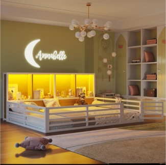 Flieks Kinderbett, Zaunbett Bodenbett Metallbett 140x200cm mit LED Ablagefächer Geländer