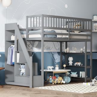 Merax Hochbett Kinderbett 90x200cm mit Kleiderschrank, Regalen und Stauraumtreppe, grau