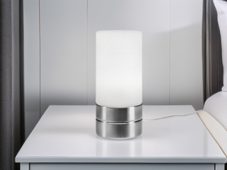 Kleine LED Tischlampe SARNO mit Touch Dimmer und Glasschirm, Höhe 20cm