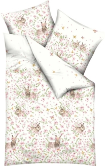 Kaeppel Bettwäsche Häschen, Mako-Satin, 2 teilig, Blumenwiese mit Häschen