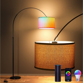 Auralum LED Stehlampe mit RGB LED Stehleuchte Bogenlampe Stoffschirm Höhenverstellbar, mit RGB, mit Alexa und Google Home, 2700K- 6500K, Fußschalter