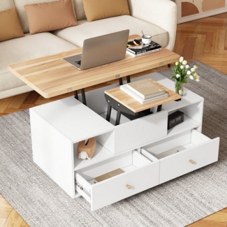 KLAM HOME Couchtisch Höhenverstellbarer Couchtisch mit Klappfunktion und 4 Schubladen (100 x 50 x 47,5 cm, ein großer und ein kleiner Hydraulik-Hubtisch), Sofatisch, beweglicher Wohnzimmertisch mit Universalrollen