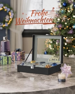 SONGMICS Uhrenbox mit 10 Fächern, Uhrenkasten mit Glasdeckel, Uhrenkoffer mit Herausnehmbaren Uhrenkissen, SAMT-Innenfutter, Metallverschluss, aus PU, Schwarz JWB010BK, Grau, 25,4 x 7,8 x 20,2 cm