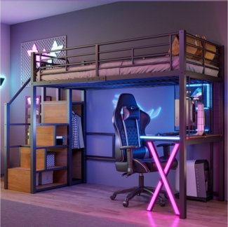 Flieks Hochbett LED Metallbett 90x200cm mit Schreibtisch Kleiderschrank Stauraumtreppe