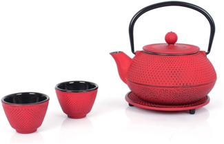 Echtwerk Teeservice Gusseisen Teekanne 1,1 L Teebereiter inkl. Untersetzer 2 Teetassen Teekannen-Set Vintage-Design Rot