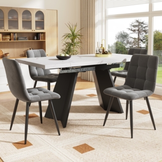 Merax Essgruppe (5-tlg),Esstisch-Set, Ausziehbares Esstischset für 4 Personen,160×80×75cm Esstisch mit 4 Esszimmerstühlen,Grauer Samt-Esszimmerstuhl, Weißer Esstisch mit Flache Tischbeine