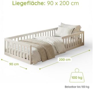 Kids Collective Kinderbett Bodenbett Bett mit Rausfallschutz & Lattenrost Montessori Bett Kinder (90x200, 120x200 und 140x200), Jugendbett Einzelbett Kiefer-Vollholz Weiß 90x200