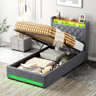 OKWISH Polsterbett Funktionsbett Stauraumbett (Luxuriöses Polsterbett Dunkelgrau aus hochwertigem holländischen Samt – hochelastischer Schaumstoff für optimalen Schlafkomfort, 90*190), Mit LED-Lichtleiste und USB-Aufladung