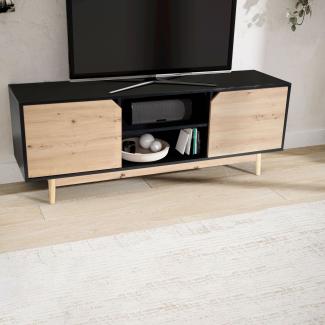 FineBuy Lowboard Schwarz Eiche-Dekor 150x55x40 cm TV-Kommode Modern, Design TV-Schrank Hoch, Fernsehtisch Fernsehschrank mit zwei Türen, Fernsehkommode Wohnzimmer Schwarz