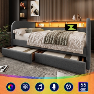 Polsterbett 140x190 cm Grau Leinen mit LED Beleuchtung USB Ladestation 2 Schubladen Kopfteil Doppelbett