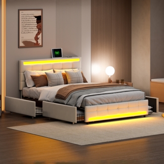 Polsterbett 140x200cm mit höhenverstellbarem Kopfteil und 4 Schubladen, LED und USB Sicherheitssteckdose, Funktionsbett Doppelbett aus Leinen, Beige
