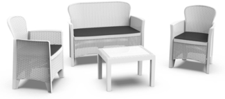 Dmora Outdoor-Lounge-Set Alesandro, Gartengarnitur mit 2 Sesseln, 1 Sofa und 1 Couchtisch, Sitzecke in Rattan-Optik mit Kissen, 100 % Made in Italy, Weiß